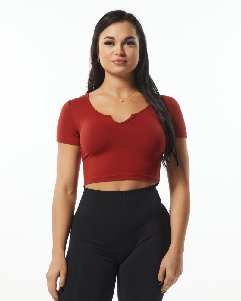 Cherry Alphalete Ultrasoft Pinnacle Tee Women's Shirts | 0251346-EK