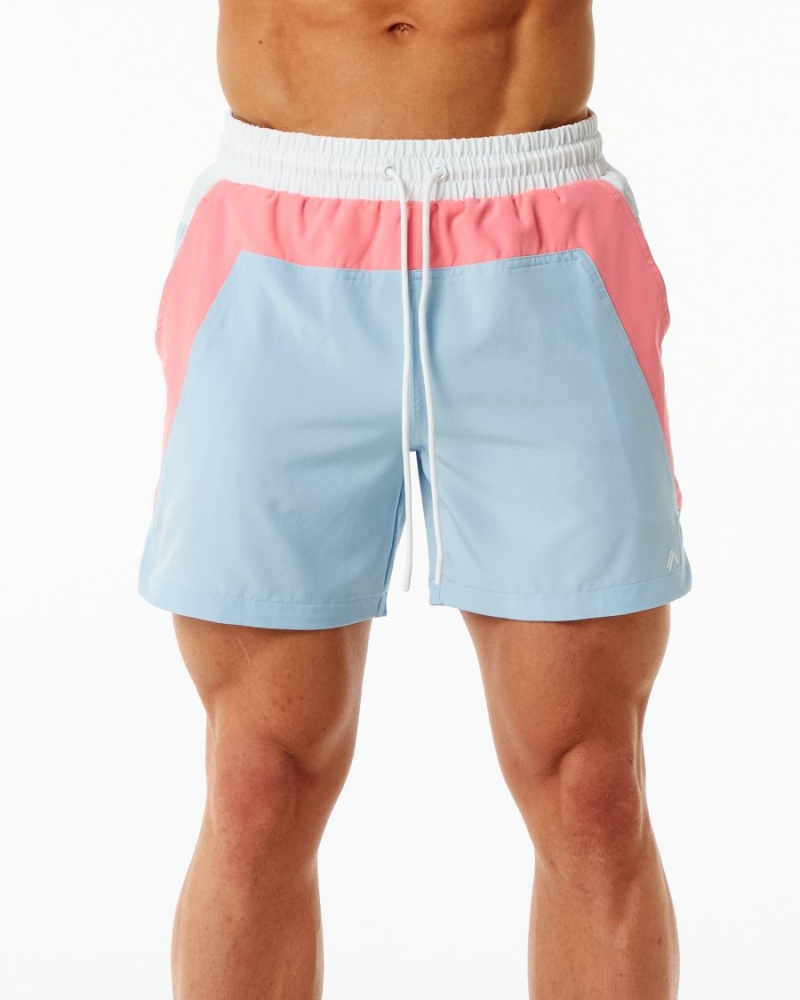 Coral / Light Blue Alphalete Swim Trunk 5.5" Men\'s Boardshorts | 5463789-SK