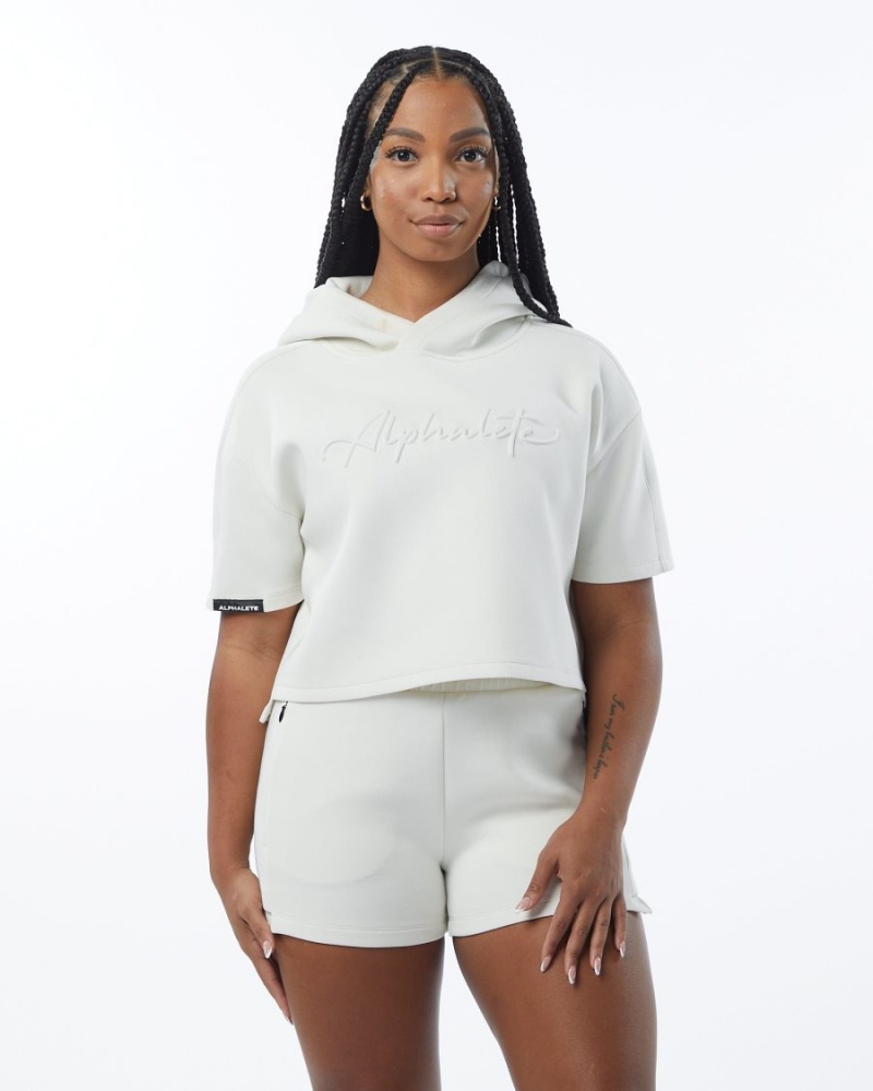 Cream Alphalete ELMTS Half Sleeve Hoodie Women's Hoodie | 3845017-HZ