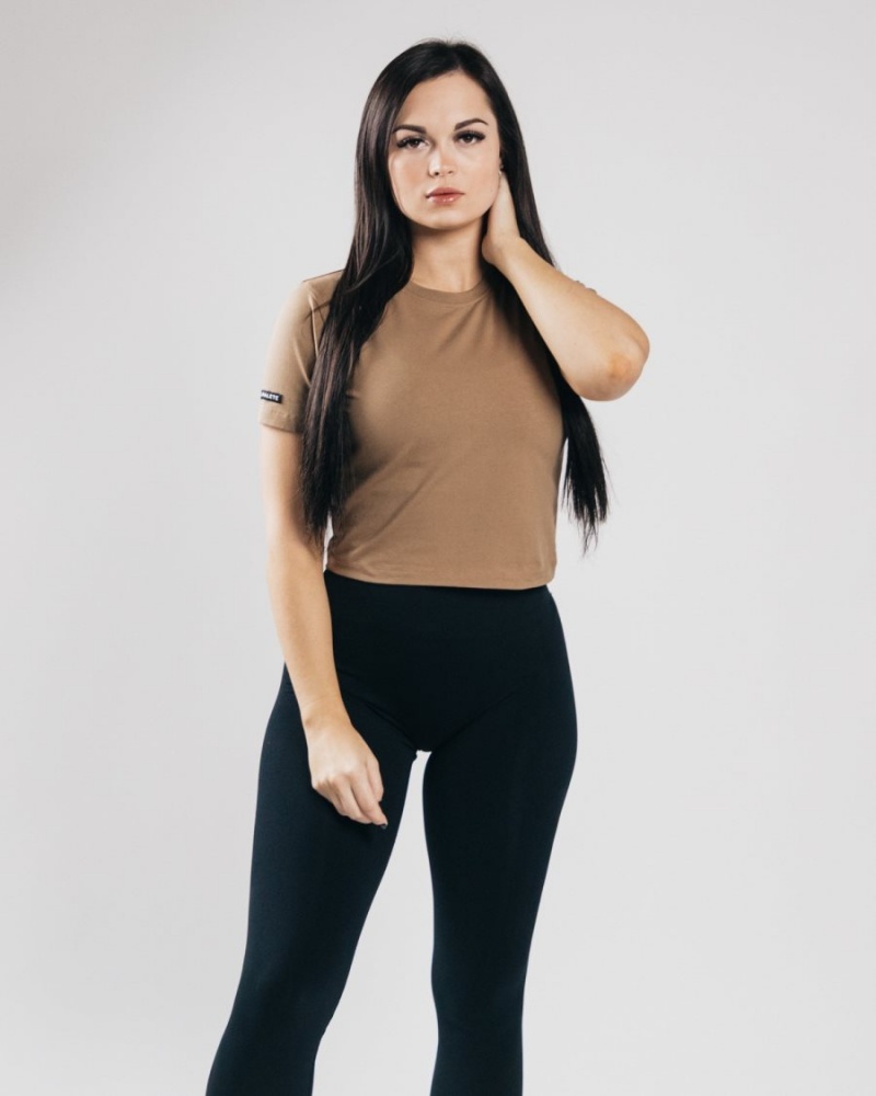 Dark Tan Alphalete Essential Short Sleeve Crop Women's Shirts | 6358079-UE