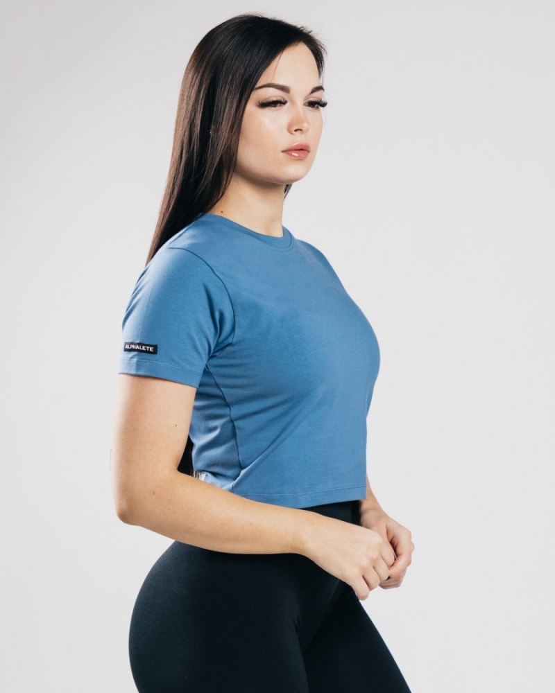 Denim Blue Alphalete Essential Short Sleeve Crop Women's Shirts | 2643798-RX