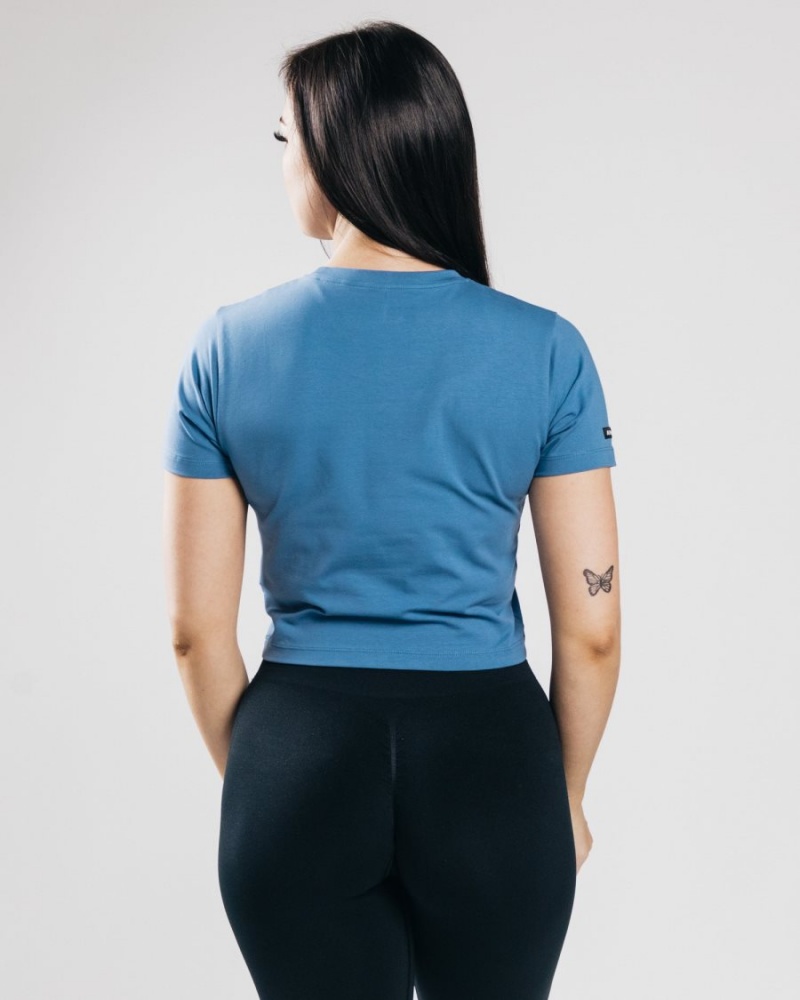 Denim Blue Alphalete Essential Short Sleeve Crop Women's Shirts | 2643798-RX