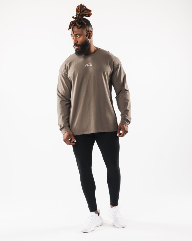 Desert Taupe Alphalete Wolf Head LS Tee Men's Shirts | 6021574-WA