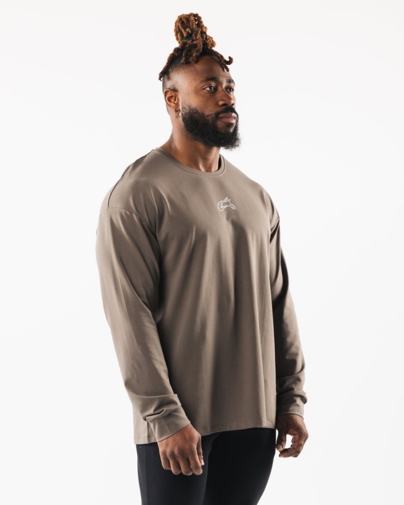 Desert Taupe Alphalete Wolf Head LS Tee Men's Shirts | 6021574-WA