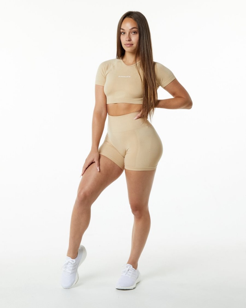 Hazelnut Alphalete Amplify V-Neck Crop Top Women's Shirts | 8524097-DA