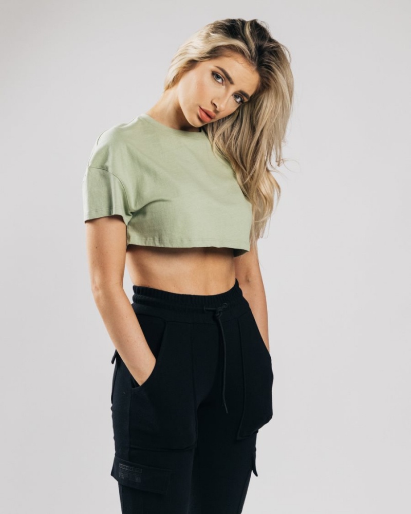 Matcha Alphalete Heavy Cotton Dropped Shoulder Crop Women's Shirts | 5937621-UO