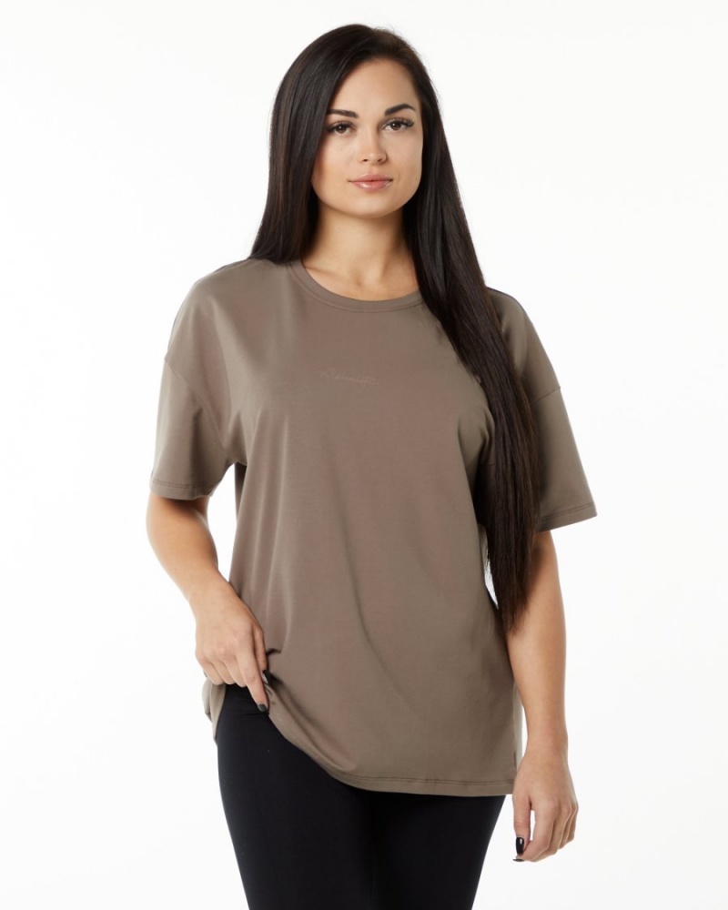 Mocha Alphalete Signature Oversized Tee Women's Shirts | 2843157-AJ