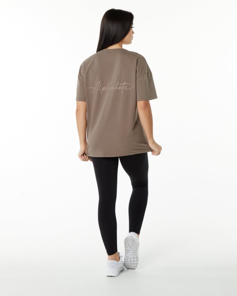 Mocha Alphalete Signature Oversized Tee Women's Shirts | 2843157-AJ