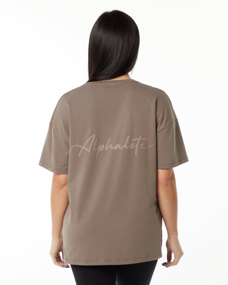 Mocha Alphalete Signature Oversized Tee Women\'s Shirts | 2843157-AJ