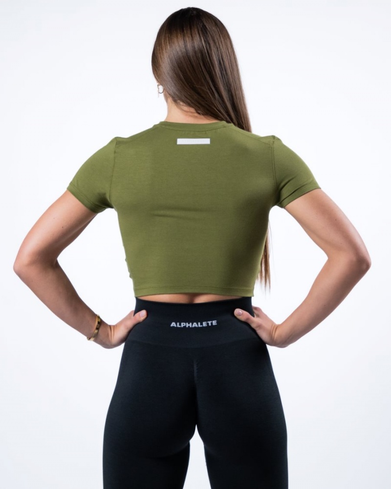 Moss Green Alphalete Evo Twist Crop Women's Shirts | 0598261-YJ