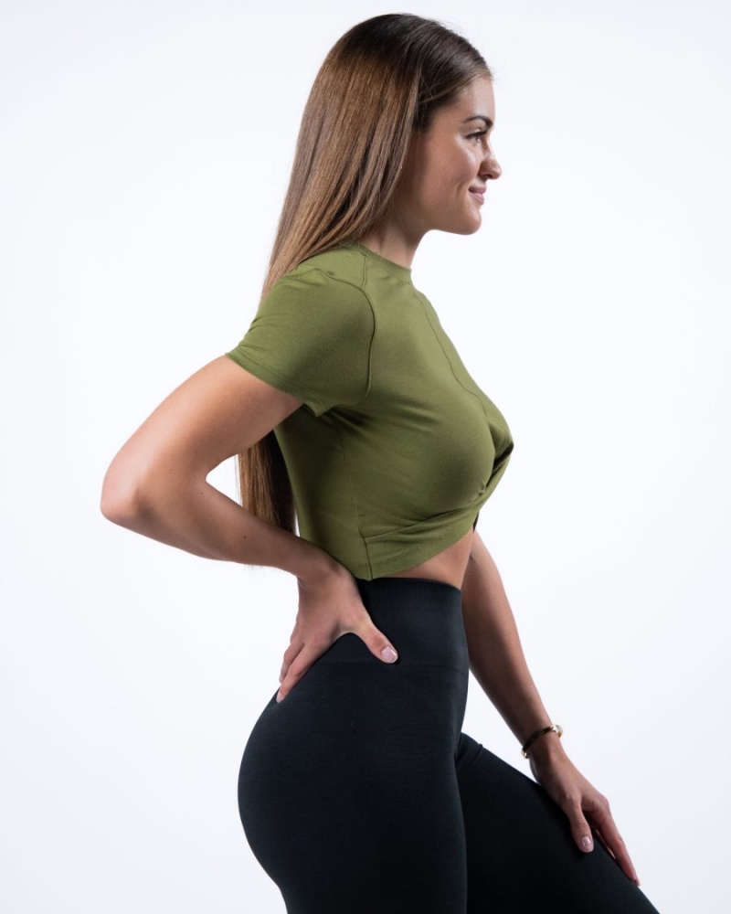 Moss Green Alphalete Evo Twist Crop Women's Shirts | 0598261-YJ