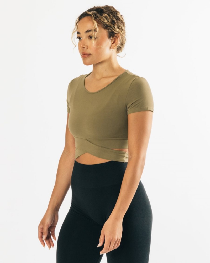 Olive Alphalete Ultrasoft Wrap Tie Top Women's Shirts | 0547623-SN