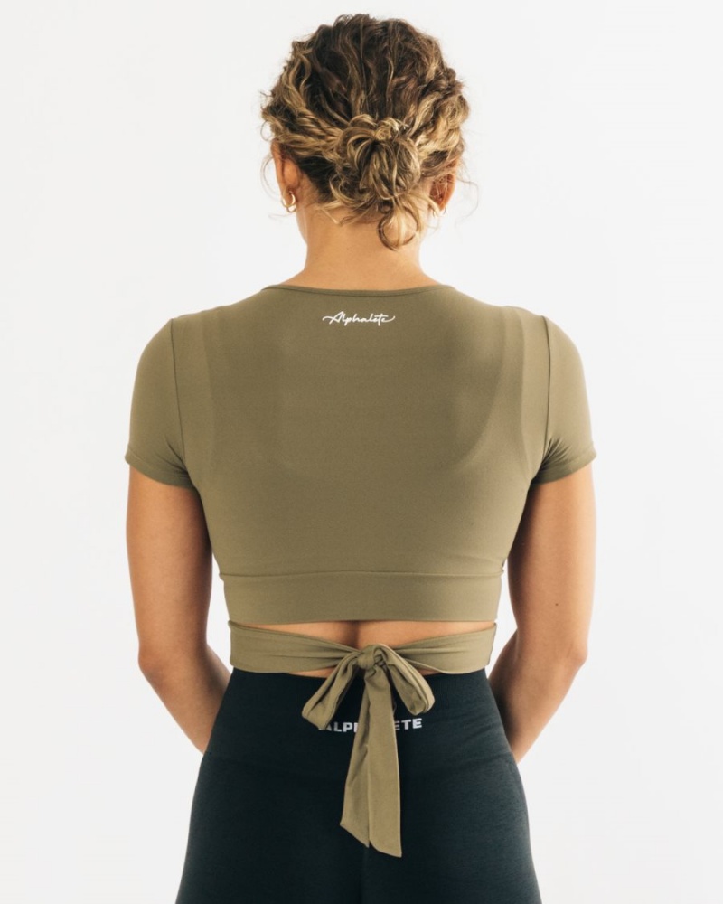 Olive Alphalete Ultrasoft Wrap Tie Top Women's Shirts | 0547623-SN