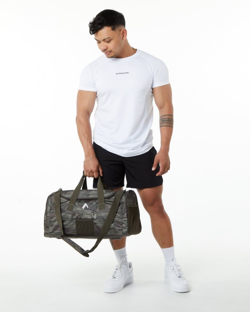 Olive Canvas Camo Alphalete Essential Duffel Bag Men's Accessories | 1632870-XS