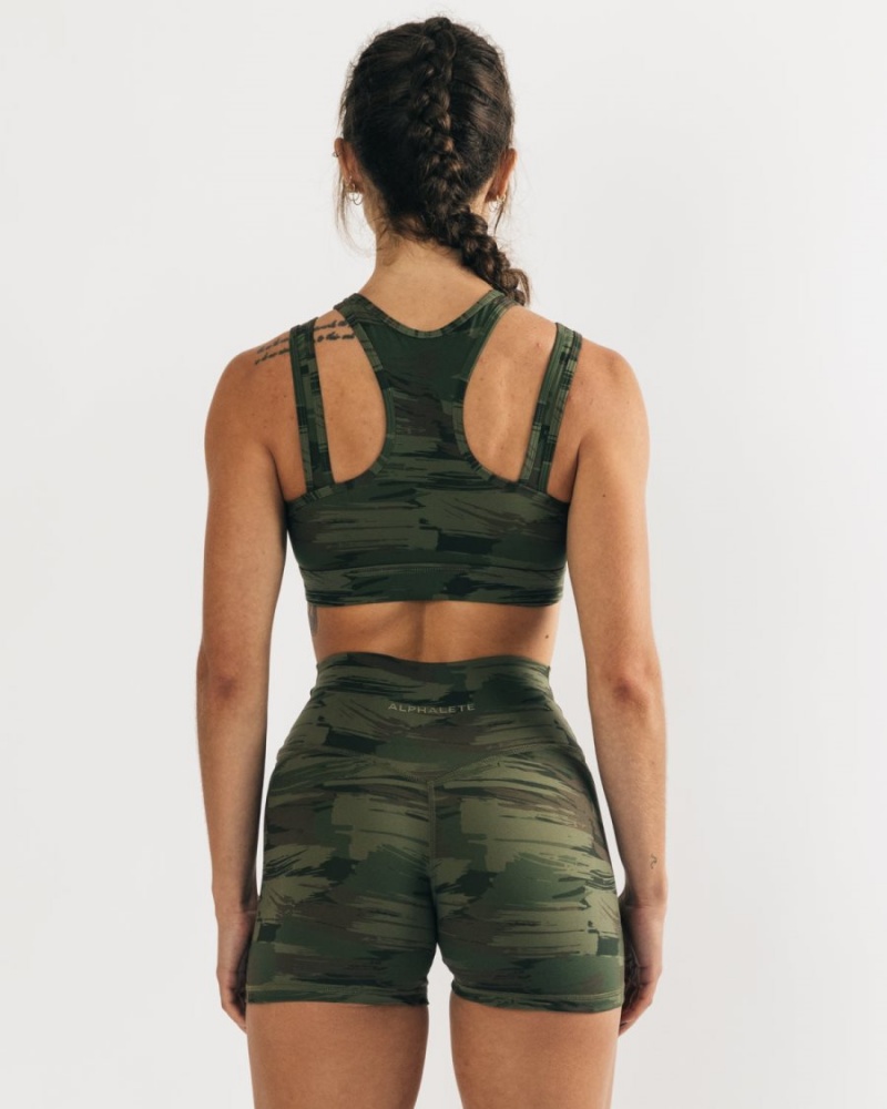 Olive Canvas Camo Alphalete Surface Keyhole Bra Women's Sports Bra | 7912504-WY