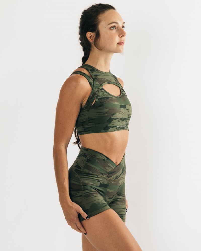 Olive Canvas Camo Alphalete Surface Keyhole Bra Women's Sports Bra | 7912504-WY