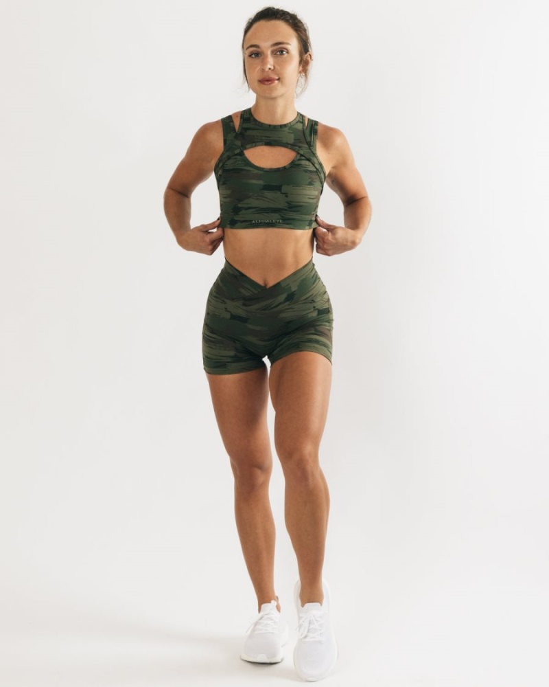 Olive Canvas Camo Alphalete Surface Keyhole Bra Women's Sports Bra | 7912504-WY