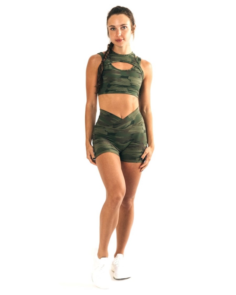 Olive Canvas Camo Alphalete Surface Power Short 5" Women's Shorts | 2197630-EY