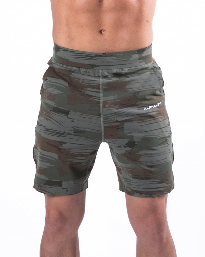 Olive Canvas Camo Alphalete Trace Short 8" Men\'s Shorts | 7839615-FT