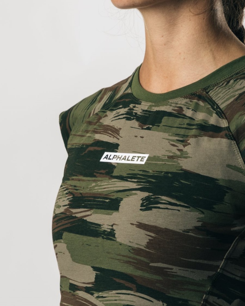 Olive Canvas Camo Alphalete Velocity Crop Tee Women's Shirts | 0128956-EB