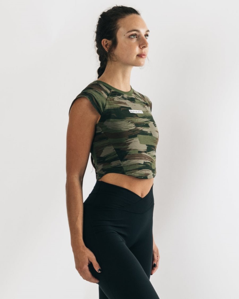 Olive Canvas Camo Alphalete Velocity Crop Tee Women's Shirts | 0128956-EB