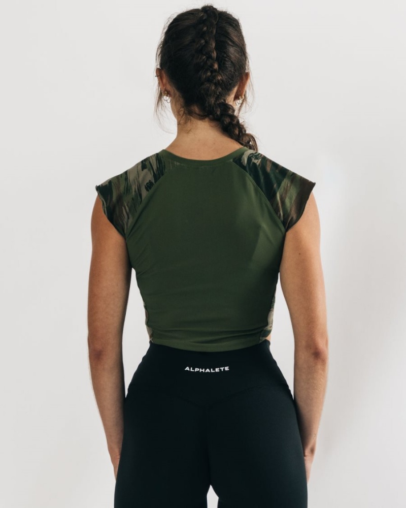 Olive Canvas Camo Alphalete Velocity Crop Tee Women's Shirts | 0128956-EB