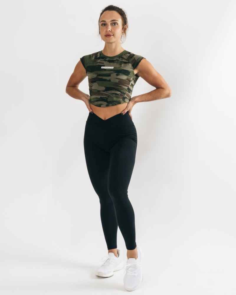 Olive Canvas Camo Alphalete Velocity Crop Tee Women's Shirts | 0128956-EB