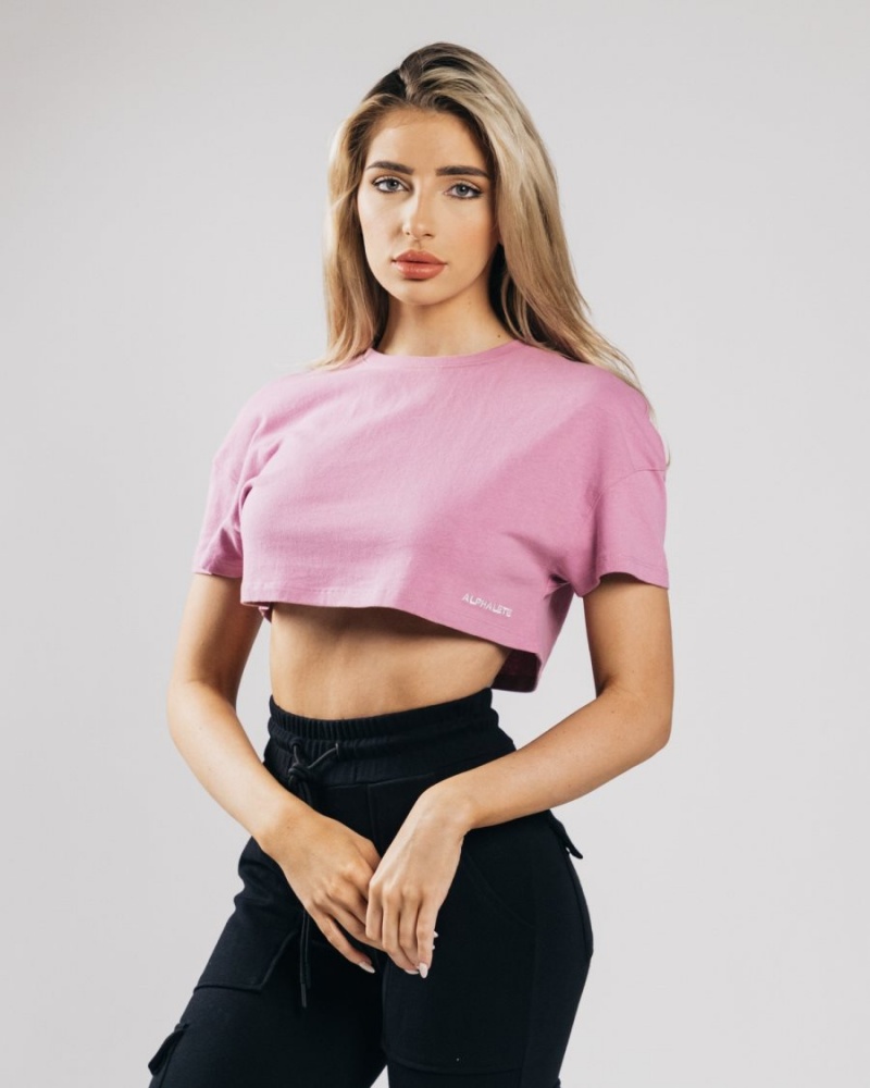 Pastel Pink Alphalete Heavy Cotton Dropped Shoulder Crop Women\'s Shirts | 5801423-ZQ