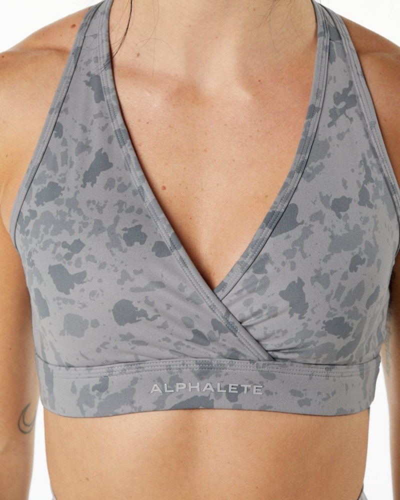 Pebble Print Stone Grey Alphalete Surface Wrap Bra Women's Sports Bra | 3985764-OS