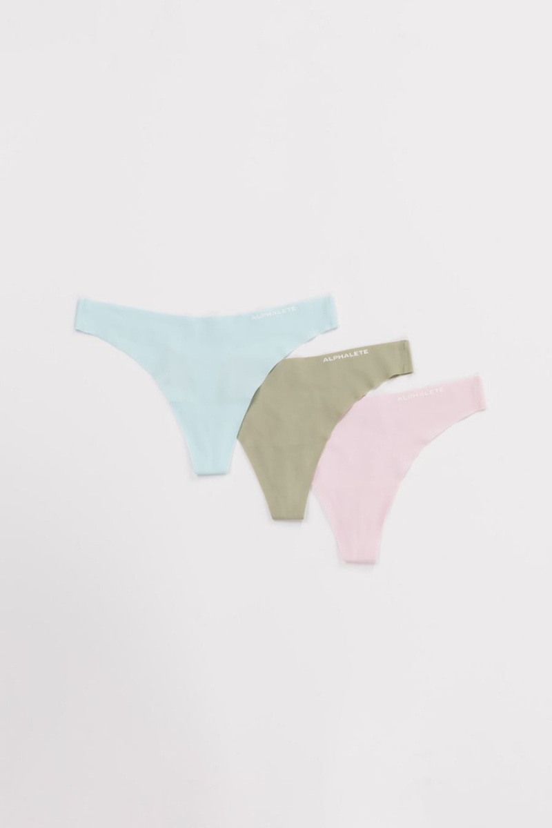 Powder Blue / Leaf Green / Pastel Pink Alphalete Seamless Thong 3pk Women\'s Underwear | 5893621-KZ