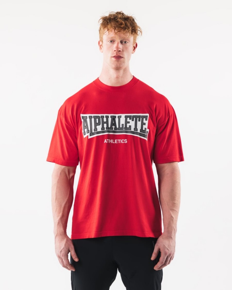 Red Alphalete Varsity Tee Men's Shirts | 8903426-FJ