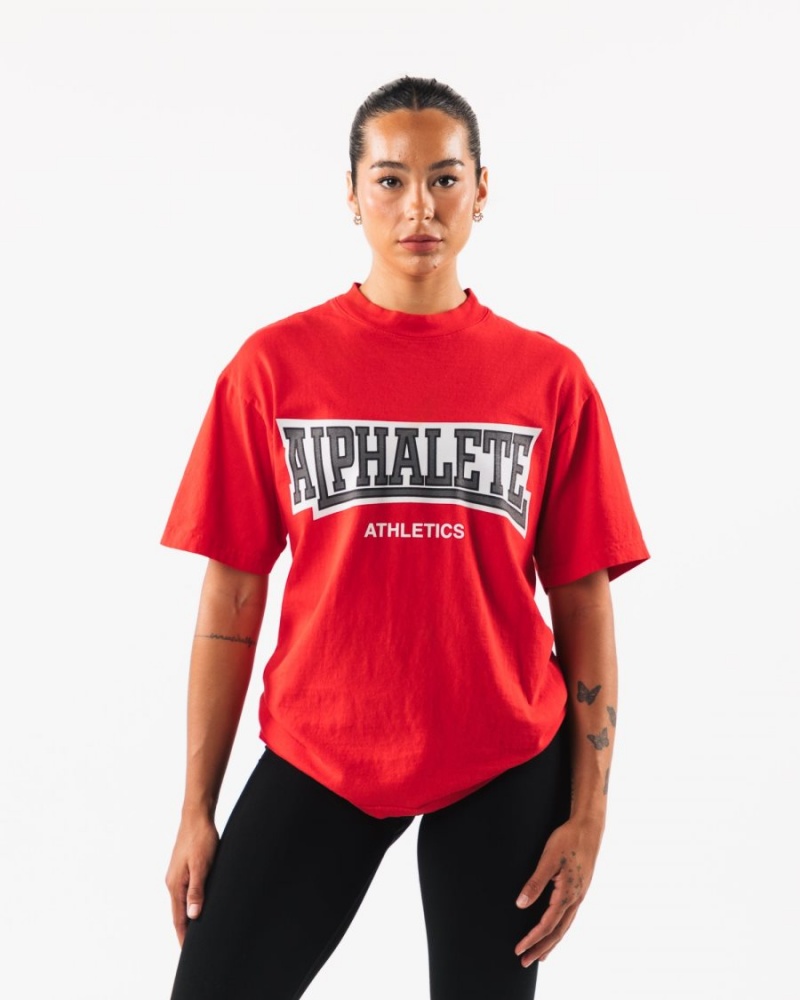 Red Alphalete Varsity Tee Men's Shirts | 8903426-FJ