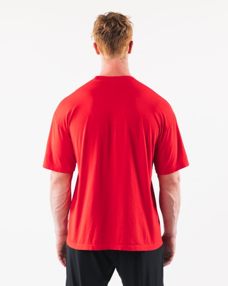 Red Alphalete Varsity Tee Men's Shirts | 8903426-FJ