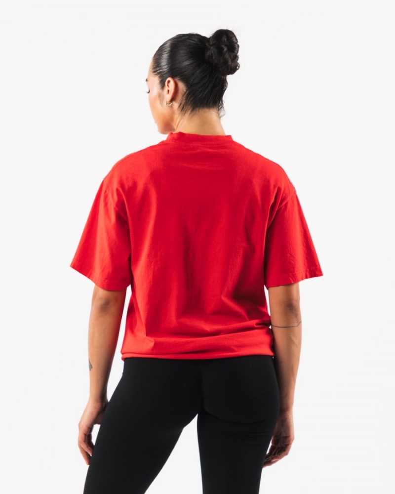 Red Alphalete Varsity Tee Men's Shirts | 8903426-FJ