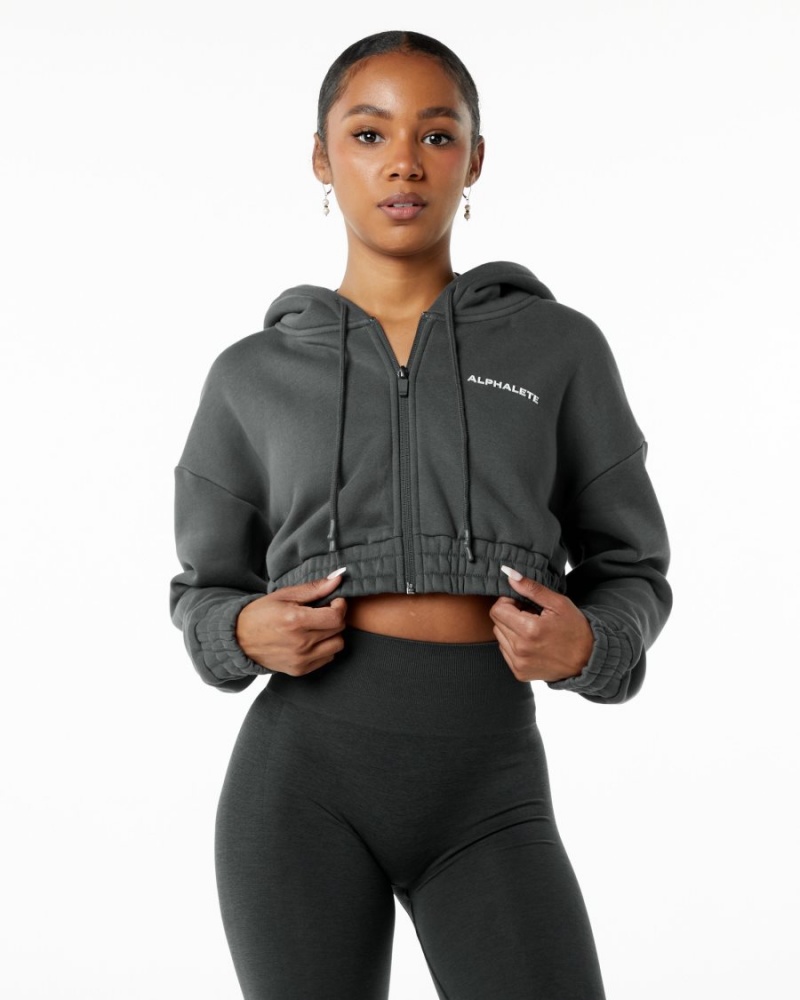 Smoke Alphalete Classic Capital Full-Zip Crop Jacket Women\'s Jackets | 3754682-DM