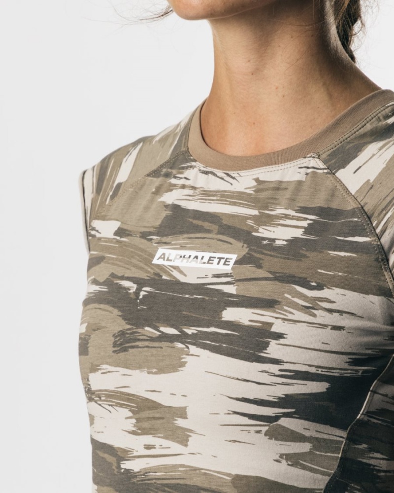 Tan Canvas Camo Alphalete Velocity Crop Tee Women's Shirts | 2478390-JL