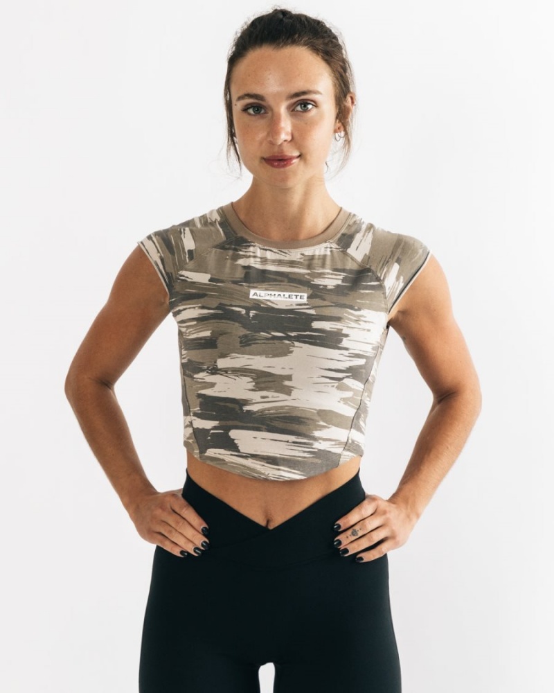 Tan Canvas Camo Alphalete Velocity Crop Tee Women\'s Shirts | 2478390-JL