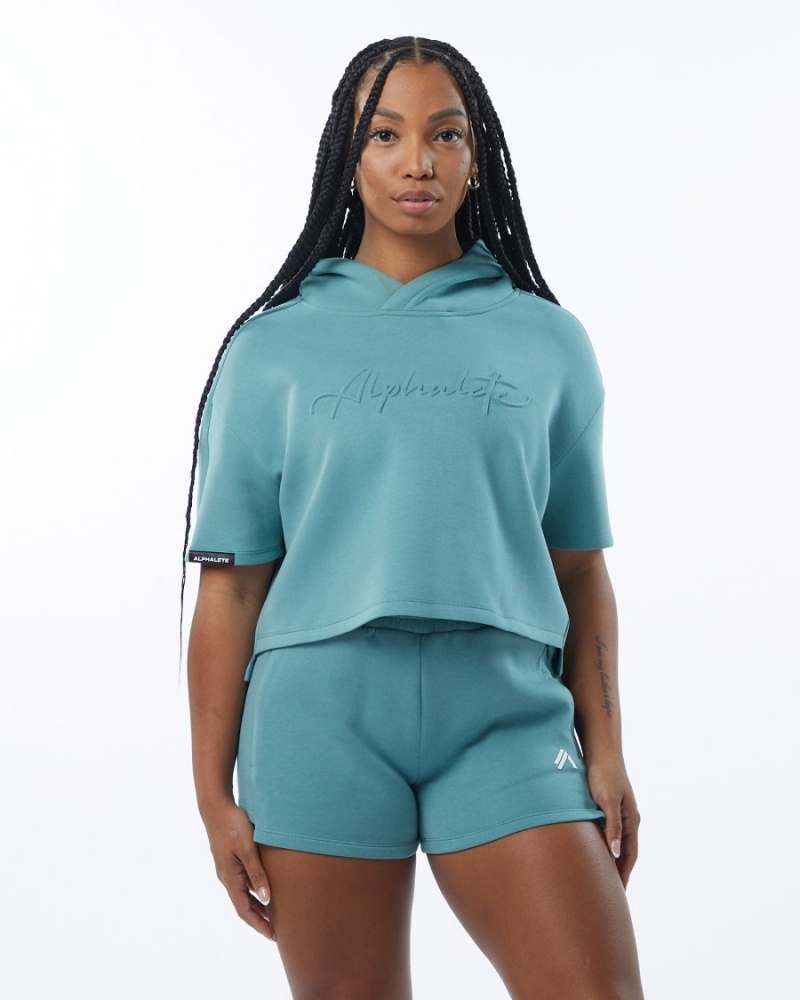 Teal Alphalete ELMTS Half Sleeve Hoodie Women's Hoodie | 5641293-RK