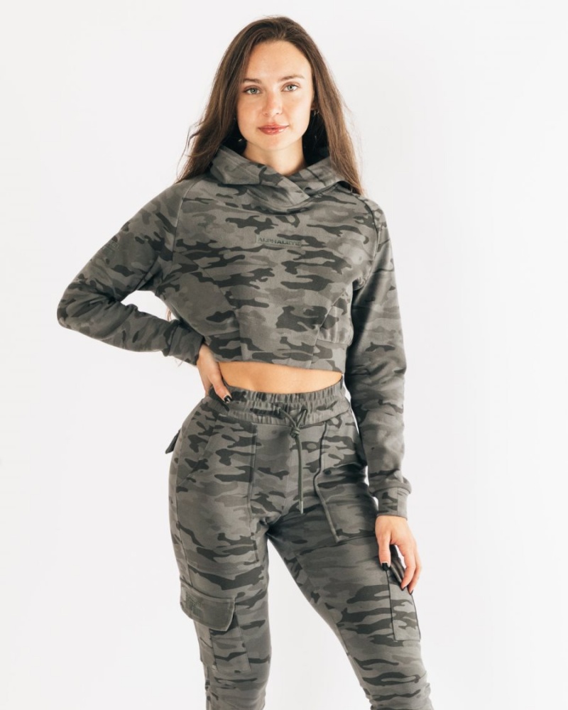 Terrain Camo Alphalete Identity Pro Crop Hoodie Women\'s Hoodie | 4135702-LN