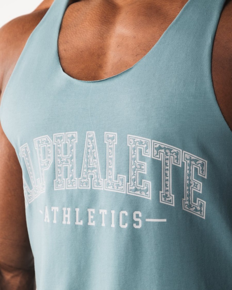 Turquoise Alphalete Paisley Print Raw Cut Tank Men's Tanks | 0364825-CV