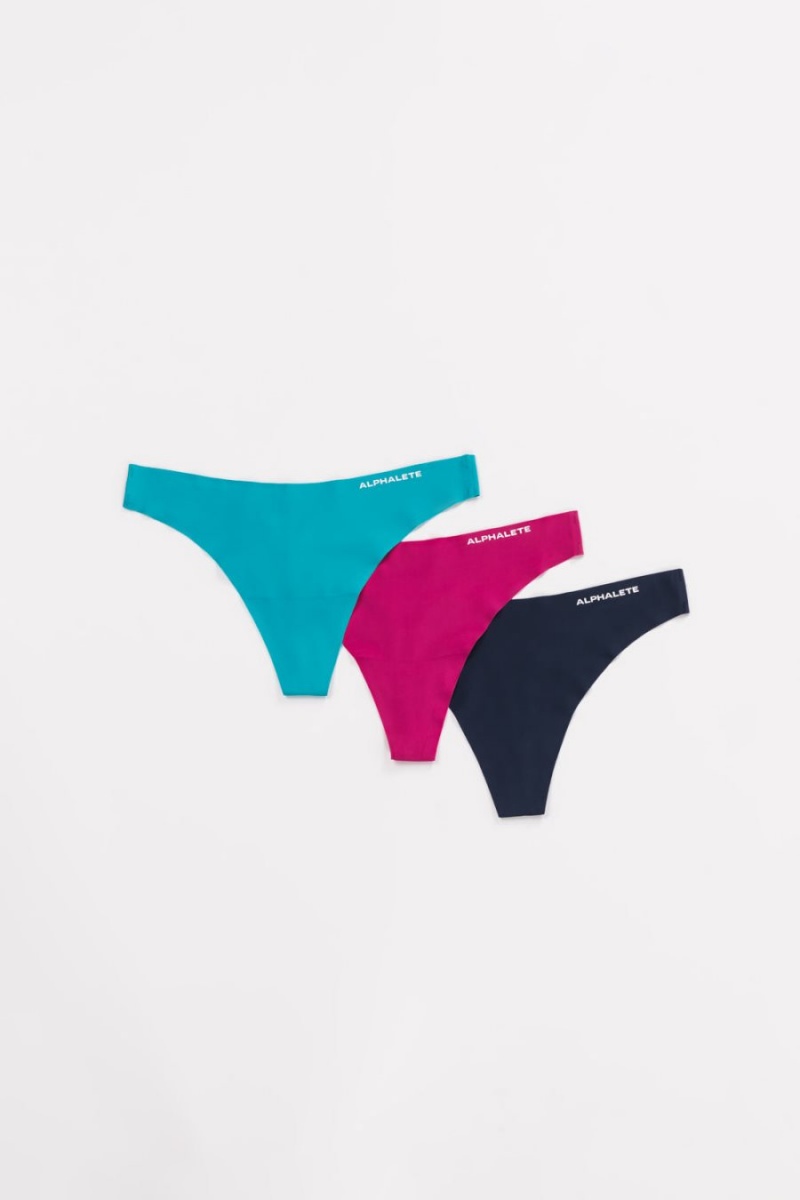 Turquoise / Fuchsia / Midnight Alphalete Seamless Thong 3pk Women\'s Underwear | 7240586-EH