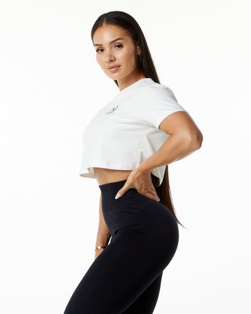 White Alphalete Dynasty Crop Women's Shirts | 8349751-ZT