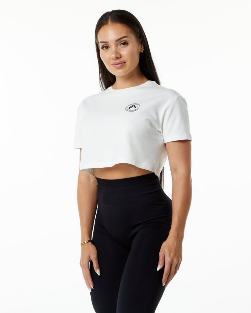 White Alphalete Dynasty Crop Women\'s Shirts | 8349751-ZT