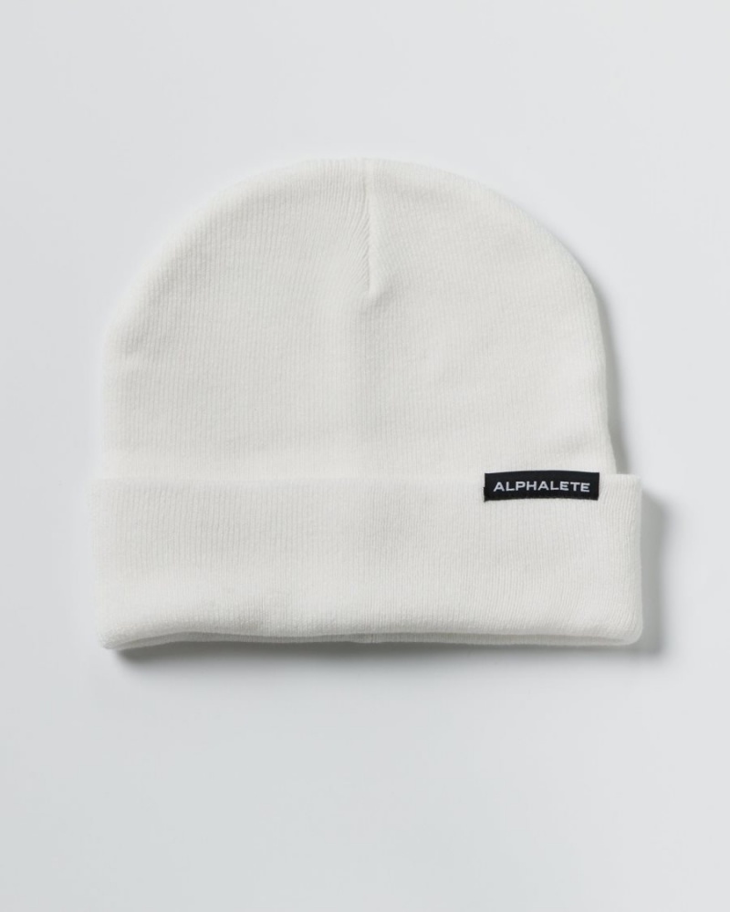 White Alphalete Essential Foldover Beanie Men's Accessories | 9438156-NO