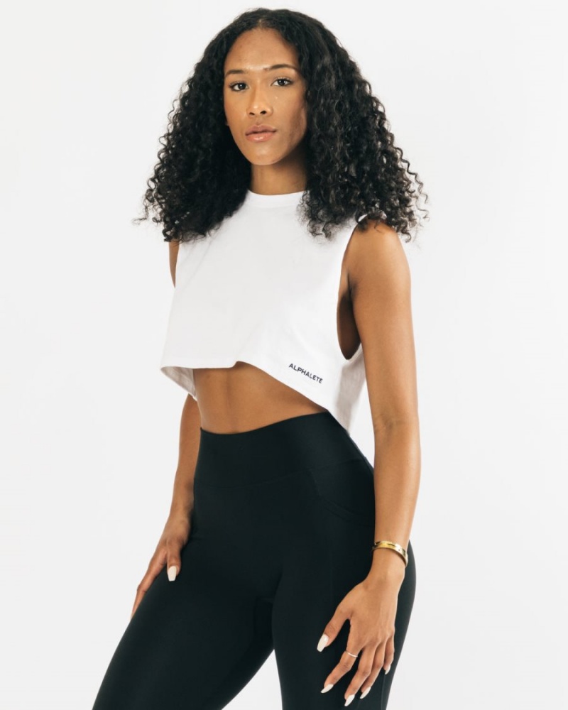 White Alphalete Heavy Cotton Cropped Cutoff Women's Tank Top | 9573068-MJ