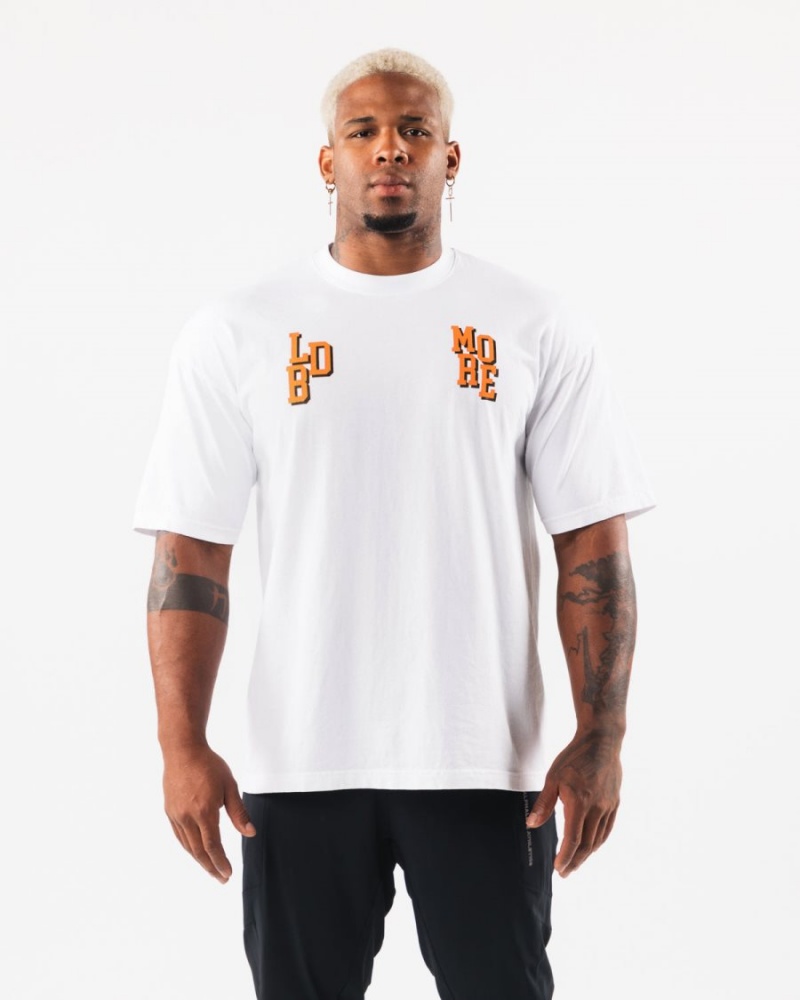 White Alphalete LDB More Letter Tee Men's Shirts | 9872163-RP