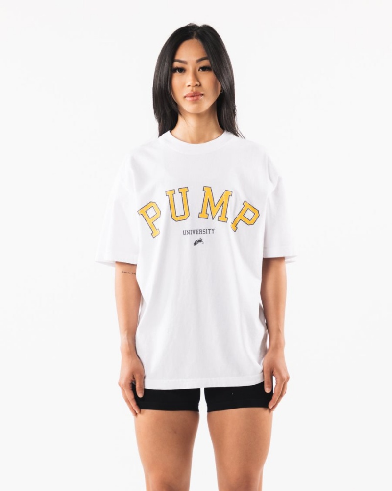 White Alphalete Pump University Tee Men's Shirts | 4587061-YH