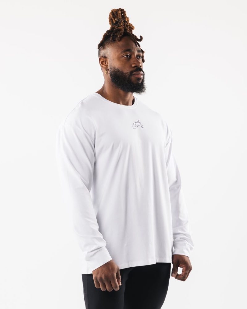 White Alphalete Wolf Head LS Tee Men's Shirts | 1260347-WH