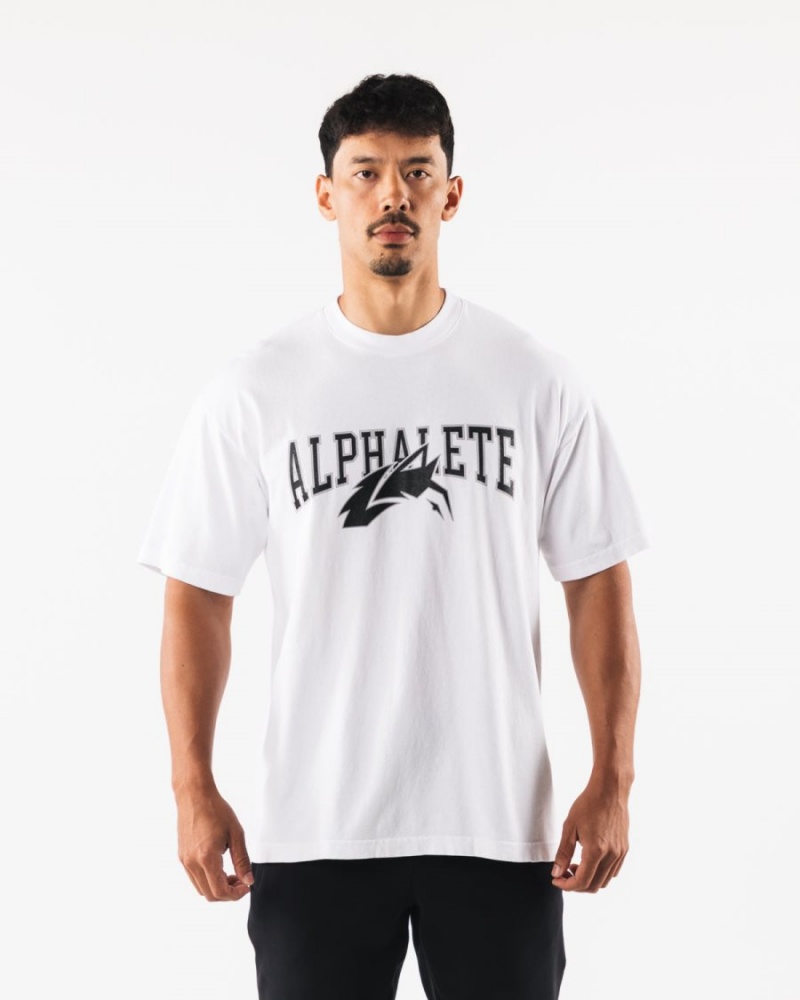 White / Black Alphalete Wolf Head Tee Men's Shirts | 6538412-MV