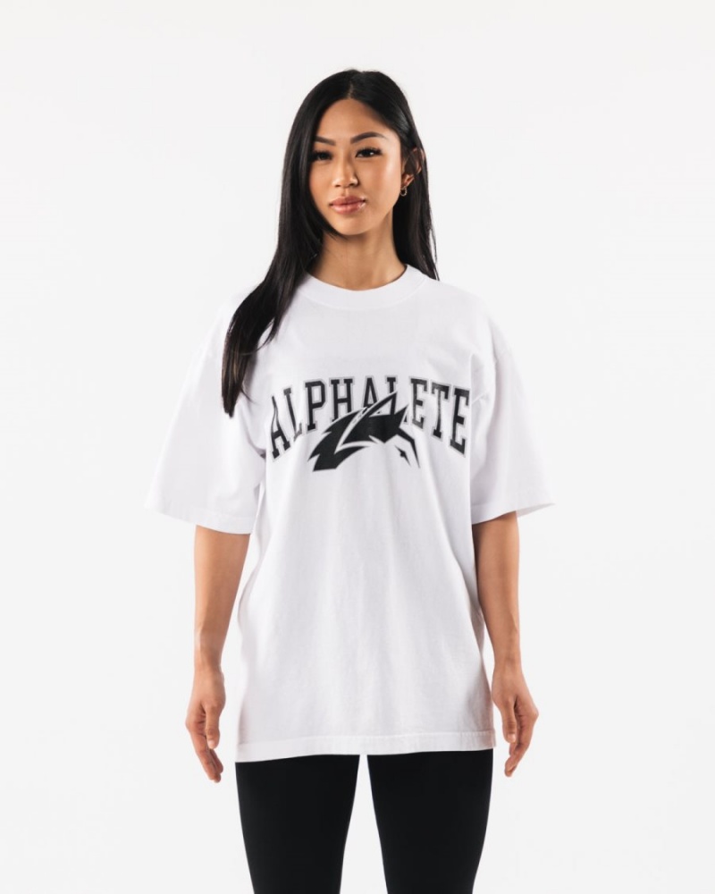 White / Black Alphalete Wolf Head Tee Women's Shirts | 8217594-WR